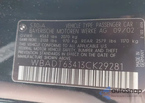 2003 BMW 530 I Automatic z USA, uszkodzony, nr VIN WBADT63413CK29281